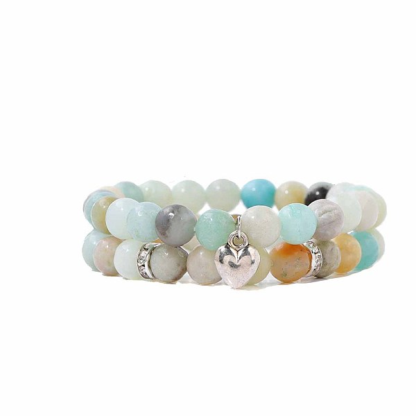 

PandaHall 2Pcs 2 Style Natural Flower Amazonite Stretch Bracelets Set, Stackable Bracelets with Heart Charms, Round Flower Amazonite Round