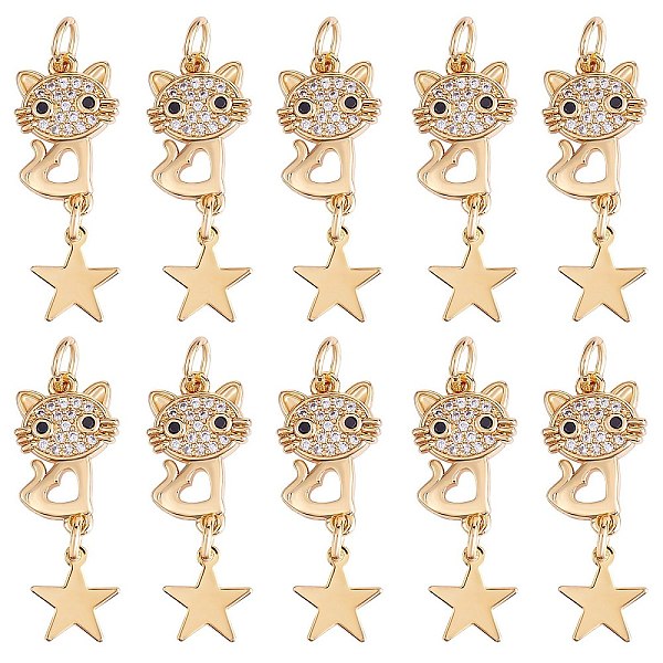 

PandaHall 1Pc Eco-friendly Brass Micro Pave Clear Cubic Zirconia Pendants, with Jump Ring, Cadmium Free & Lead Free, Cat with Star, Real 18K...