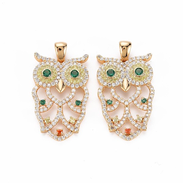 

PandaHall Brass Micro Pave Colorful Cubic Zirconia Pendants, with Brass Findings, Nickel Free, Owl, Real 18K Gold Plated, 29x18x3.5mm, Hole...