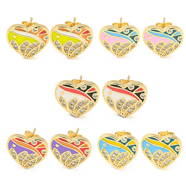 

PandaHall Heart Real 18K Gold Plated Brass Stud Earrings, with Enamel and Clear Cubic Zirconia, Mixed Color, 12.5x14mm Cubic Zirconia Heart..., Multicolor