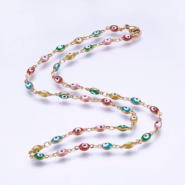 

PandaHall 304 Stainless Steel Chain Necklaces, with Enamel and Lobster Claw Clasps, Ion Plating (IP), Oval with Evil Eye, Golden, 17.5 inch...