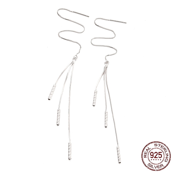 PandaHall Rhodium Plated 925 Sterling Silver Long Ear Thread, Tiny Bar with Long Chain Tassel Drop Earrings for Women, Platinum, 148mm, Pin...