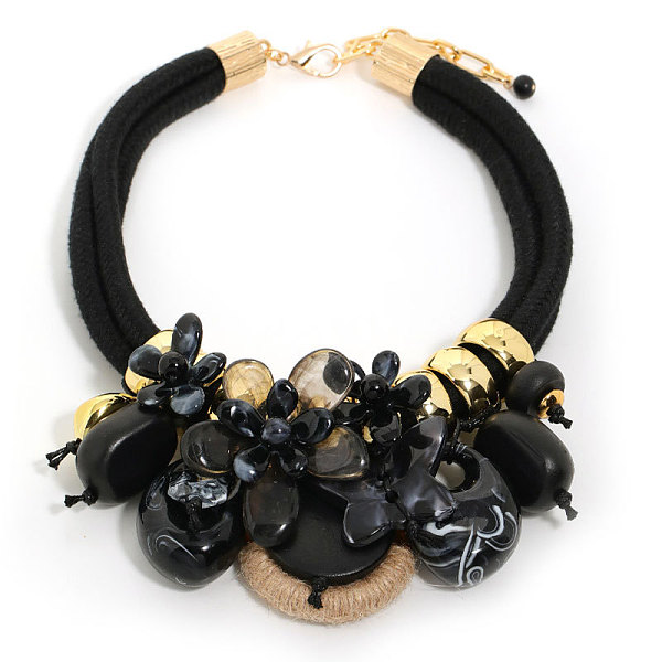 Colliers plastrons en coton à 2 brin avec pendentif en acrylique et bois et anneau en forme de papillon et de fleur pour femmes