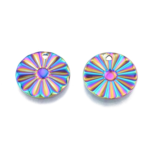 

PandaHall Ion Plating(IP) 201 Stainless Steel Pendant, Textured Charms, Flat Round with Flower, Rainbow Color, 18x1mm, Hole: 1.6mm 201...