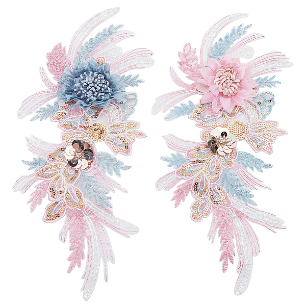 PandaHall 2Pcs 2 Colors Flower Pattern 3D Computerized Embroidered Appliques, Adhesive/Sew on Patches, with Glitter Sequins, Costume...