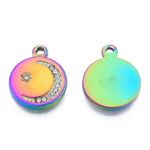 

PandaHall 304 Stainless Steel Pendants, with Crystal Rhinestone, Flat Round with Moon & Star, Rainbow Color, 19x15.5x2.5mm, Hole: 1.6mm..., Clear