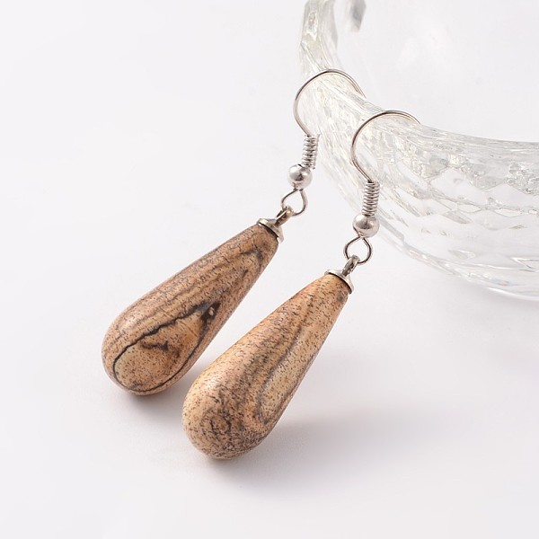 

PandaHall Teardrop Platinum Tone Brass Natural Picture Jasper Dangle Earrings, 47mm, Pin: 0.7mm Picture Jasper