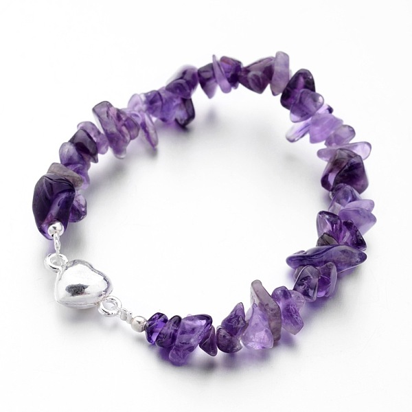 

PandaHall Natural Amethyst Bead Bracelets, Brass Magnetic Clasp, Silver Color Plated, 7-1/2 inch(190mm) Amethyst