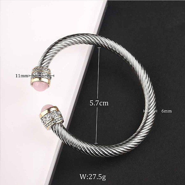 Braccialetti Con Polsini Aperti Twist Regolabili A Forma Di C In Acciaio Inossidabile Con Quarzo Rosa Naturale