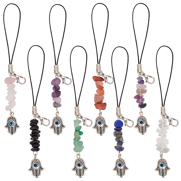 

PandaHall Gemstone Chips Cell Phone Strap Charm, Hamsa Hand/Hand of Miriam with Evil Eye Tibetan Style Alloy Charm Hanging Keychain for...