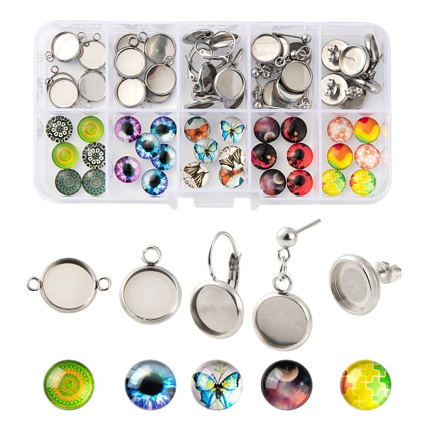 

PandaHall 1 Box 60Pcs DIY Jewelry Finding Kit, Including 304 Stainless Steel Cabochons Findings, Glass Cabochons, Stainless Steel Color..., Multicolor