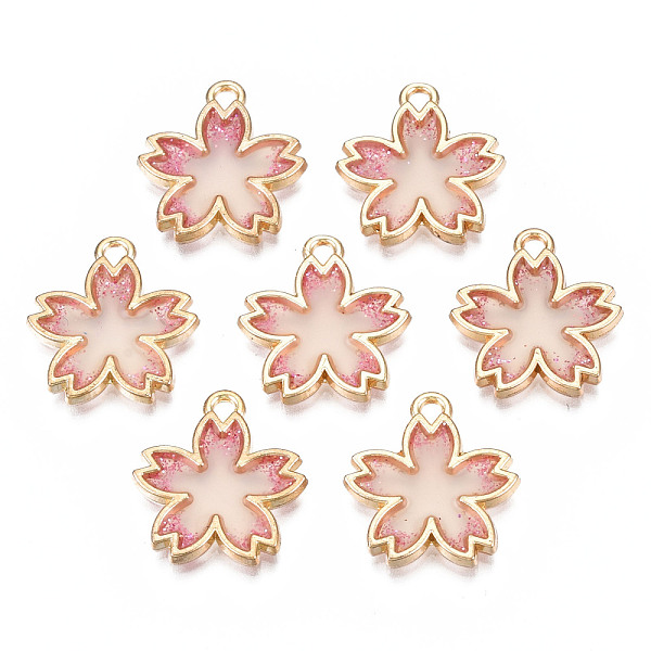 

PandaHall Rack Plating Alloy Epoxy Resin Pendants, with Scallion Powder Cadmium Free & Nickel Free & Lead Free, Light Gold, Flower, Pink...