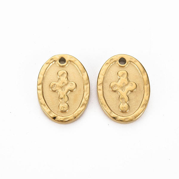 

PandaHall Ion Plating(IP) 304 Stainless Steel Pendants, Cadmium Free & Nickel Free & Lead Free, Oval with Cross, Real 14K Gold Plated...