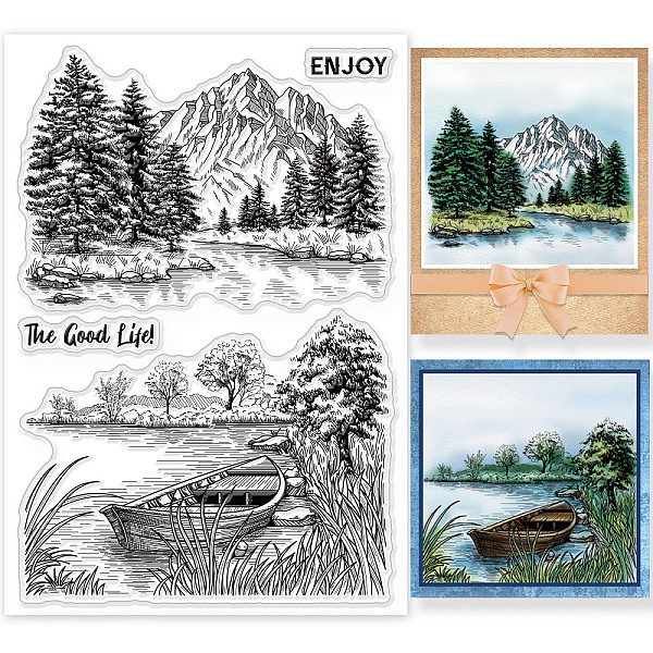 

PandaHall GLOBLELAND Mountains Forest Background Clear Stamps Tree River Lake Boat Landscape Silicone Clear Stamp Seals For Cards Making DIY...