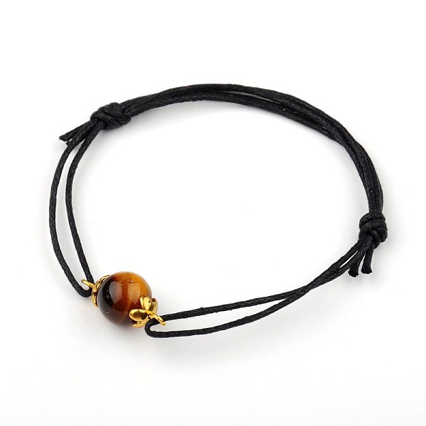 

PandaHall Gemstone Adjustable Link Bracelets, with Alloy Bead Caps and Waxed Cotton Cord, Antique Golden, Tiger Eye, 43~75mm Tiger Eye Brown
