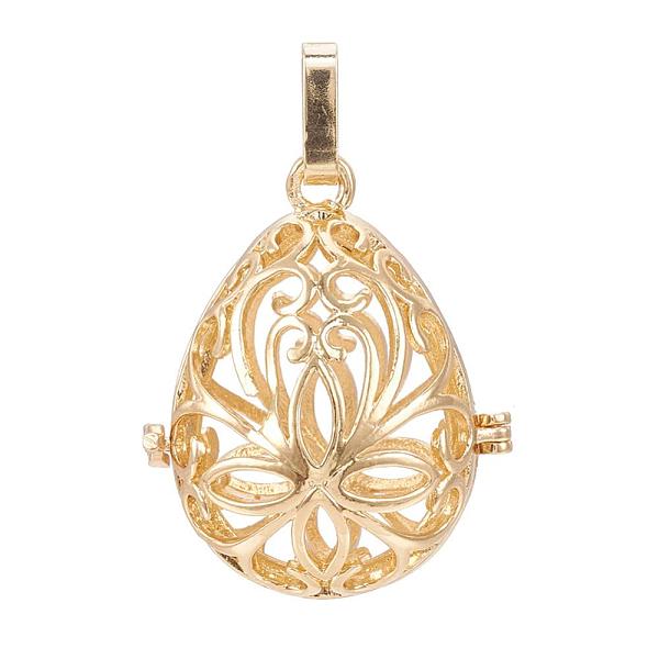 

PandaHall Rack Plating Brass Cage Pendants, For Chime Ball Pendant Necklaces Making, Hollow Teardrop with Flower, Light Gold, 34x27x22mm...