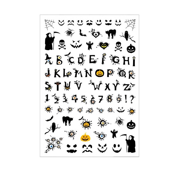 

PandaHall Nail Art Stickers Decals, Self-Adhesive, for Nail Tips Decorations, Halloween Themed Pattern, 105x70x0.3mm Paper Letter Black