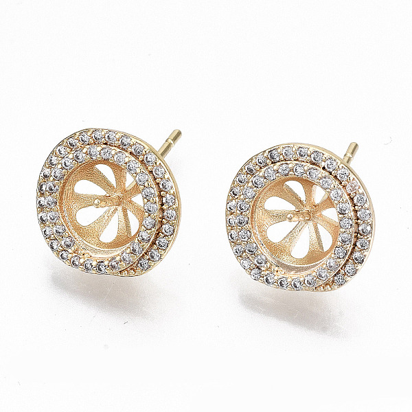 

PandaHall Brass Micro Pave Clear Cubic Zirconia Stud Earring Findings, for Half Drilled Bead, Nickel Free, Flat Round, Real 18K Gold Plated...