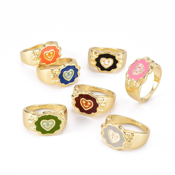 

PandaHall Alloy Enamel Wide Band Rings, Cadmium Free & Lead Free, Light Gold, Flower with Smiling Face, Mixed Color, US Size 7 3/4(17.9mm)..., Multicolor