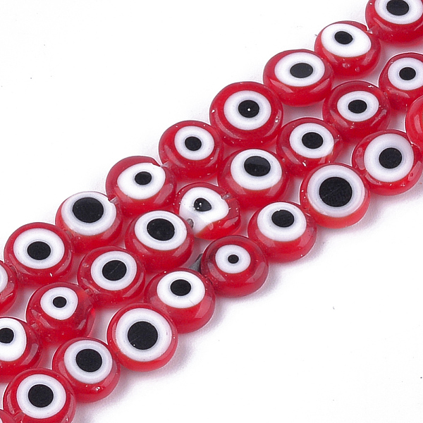 PandaHall Handmade Evil Eye Lampwork Beads Strands, Flat Round, Red, 7.5~8x3~4mm, Hole: 1mm, about 48pcs/strand, 13.7 inch~14.9 inch...