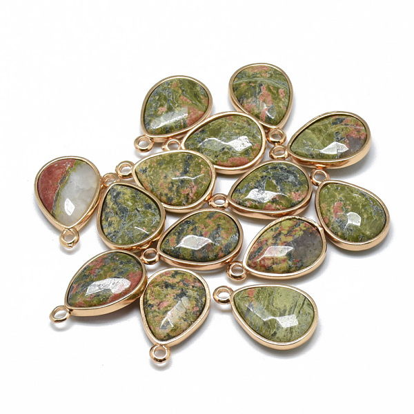 

PandaHall Natural Unakite Pendants, with Golden Tone Brass Findings, Faceted, teardrop, 23x14~15x6~7mm, Hole: 2mm Unakite Teardrop