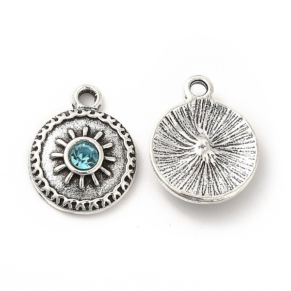 

PandaHall Rack Plating Alloy Rhinestone Pendants, with Jump Rings, Flat Round with Sun Charms,Antique Silver, Aquamarine, 17.5x13.5x4mm..., Cyan