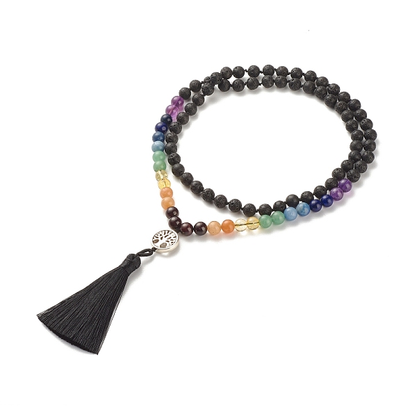 

PandaHall 7 Chakra Gemstone Buddhist Necklace, Big Tassel with Alloy Tree of Life Pendant Necklace, Natural Lava Rock & Mixed Stone Jewelry..., Black