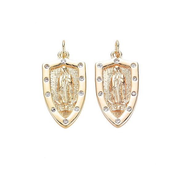 

PandaHall Brass Micro Pave Clear Cubic Zirconia Pendants, Nickel Free, Shield with Holy Virgin, Real 18K Gold Plated, 24x12x2mm, Jump Ring...