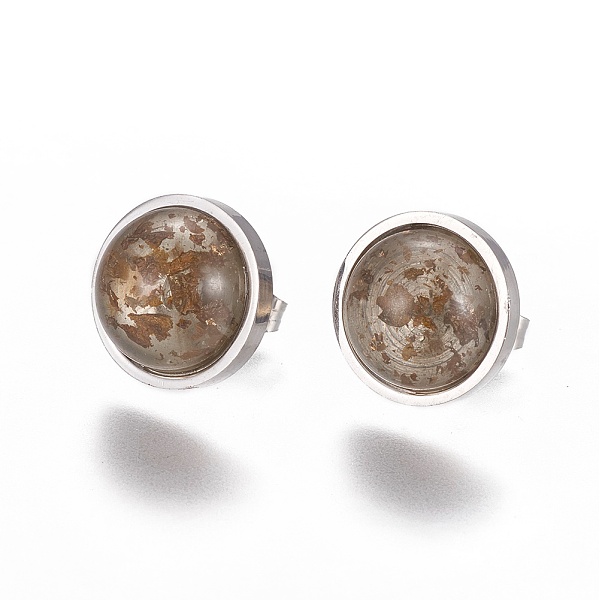 

PandaHall 304 Stainless Steel Stud Earrings, with Resin and Ear Nuts/Earring Back, Half Round/Dome, Camel, Stainless Steel Color, 14x7mm..., Brown