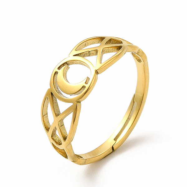 

PandaHall Ion Plating(IP) 304 Stainless Steel Crescent Moon Adjustable Ring for Women, Real 18K Gold Plated, US Size 6 1/4(16.7mm) 304...
