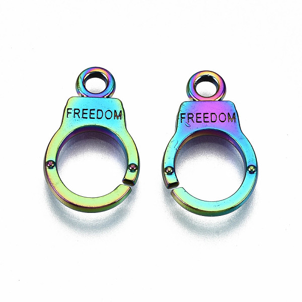

PandaHall Rainbow Color Alloy Pendants, Cadmium Free & Lead Free, Handcuffs with Word Freedom, 17x10x1.5mm, Hole: 2mm Alloy Others