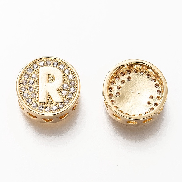 

PandaHall Golden Plated Brass Micro Pave Cubic Zirconia Multi-Strand Links, Flat Round with Letter, Letter.R, 12x4.5mm, Hole: 2mm..., Clear