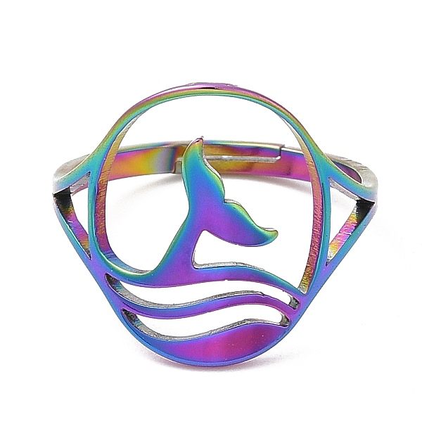 

PandaHall Ion Plating(IP) 304 Stainless Steel Whale Tail Adjustable Ring for Women, Rainbow Color, US Size 6(16.5mm) 304 Stainless Steel