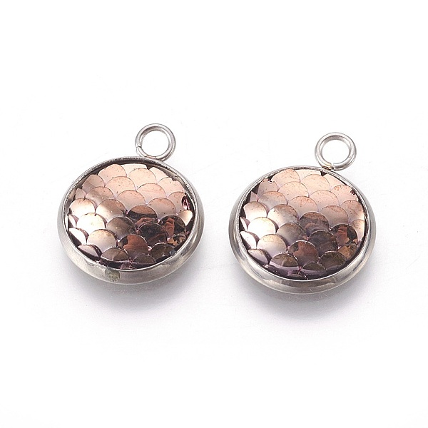PandaHall Resin Pendants, with 304 Stainless Steel Finding, Flat Round with Mermaid Fish Scale Shaped, Stainless Steel Color, Camel...