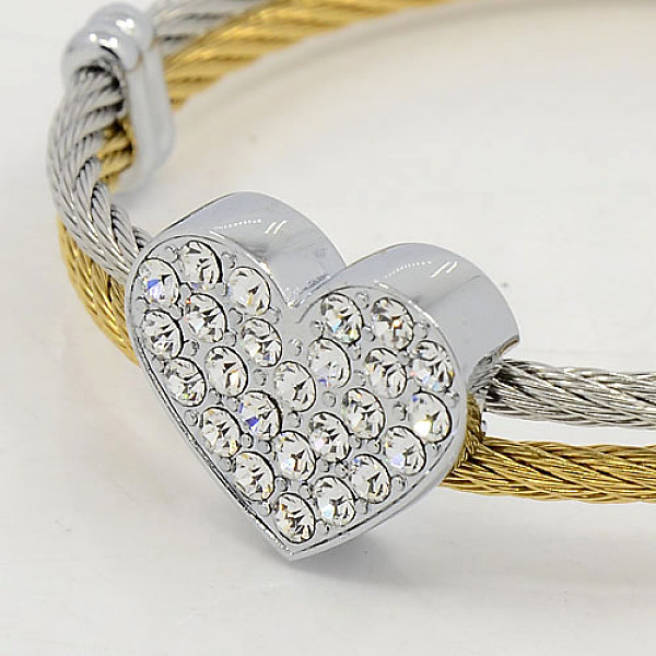

PandaHall Trendy Men's Torque Bangles, 304 Stainless Steel Rhinestone Rope Bangles, with Metal Findings, Heart, Golden & Stainless Steel..., Clear