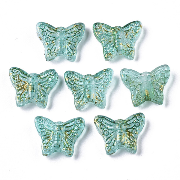 

PandaHall Transparent Spray Painted Glass Beads, with Golden Foil, Butterfly, Light Sea Green, 12.5x15.5x5mm, Hole: 1mm Glass Butterfly