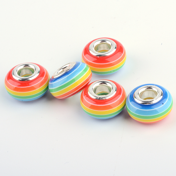 

PandaHall Resin European Beads, Large Hole Beads, with Silver Plated Brass Double Cores, Stripe, Rondelle, Dodger Blue, 14x8~8.5mm, Hole...