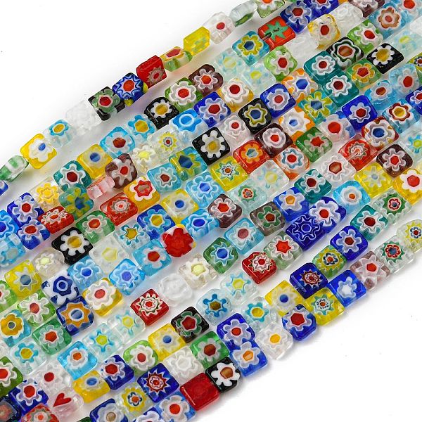 

PandaHall Handmade Millefiori Glass Bead Strands, Square, Mixed Color, 6x6x2.5mm, Hole: 0.6mm, about 65pcs/strand, 15.47''(39.3cm)..., Multicolor