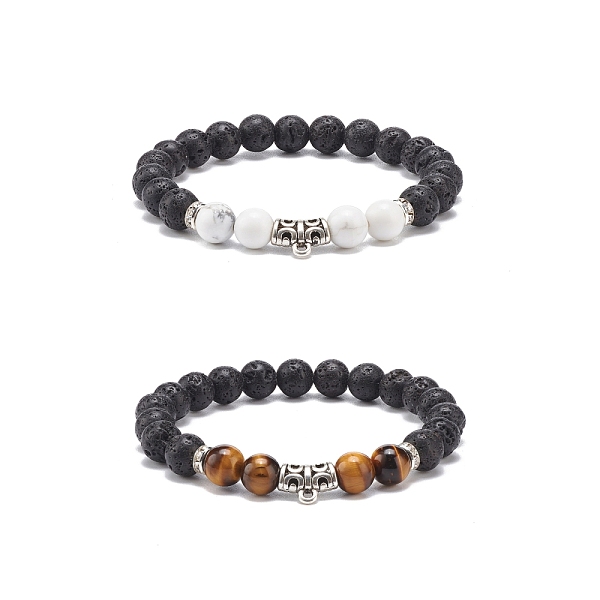 

PandaHall 2Pcs 2 Style Natural Howlite & Tiger Eye & Lava Rock Stretch Bracelets Set with Alloy Tube, Essential Oil Gemstone Jewelry for...