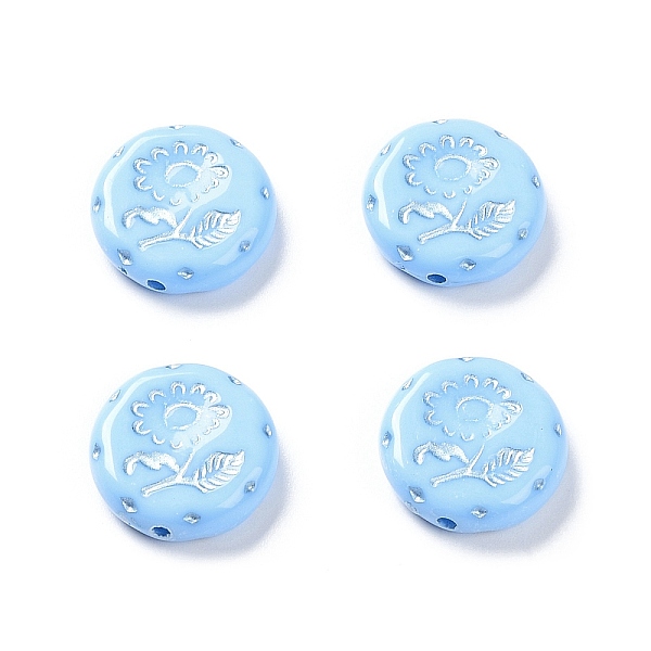 

PandaHall Opaque Acrylic Beads, Metal Enlaced, Flat Round with Flower Pattern, Light Sky Blue, 17.5~18x5~5.5mm, Hole: 1.8mm, about...