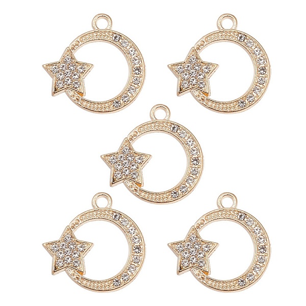 

PandaHall Alloy Rhinestones Pendants, Ring with Star Charms, Light Gold, 20x20x1.5mm, Hole: 1.8mm Alloy+Rhinestone Ring Clear