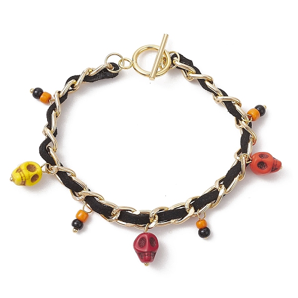 

PandaHall Halloween Aluminium Twisted Curb Chains Bracelets, with Glass Seed and Dyed Synthetic Turquoise Skull Beads and Toggle Clasps...