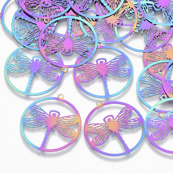 

PandaHall Ion Plating(IP) 201 Stainless Steel Filigree Pendants, Etched Metal Embellishments, Flat Round with Dragonfly, Rainbow Color...
