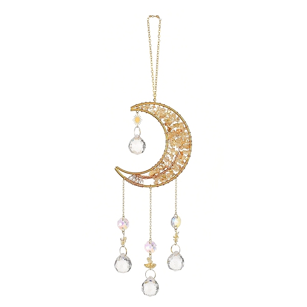 Natural Citrine Chip & Brass Moon Hanging Suncatcher Pendant Decoration