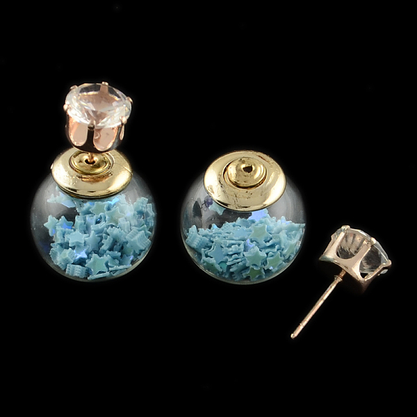

PandaHall Girl's Double Sided Glass Ball Stud Earrings, with Star Paillette Beads inside, Rhinestones and Golden Iron Pins, Light Sky Blue...