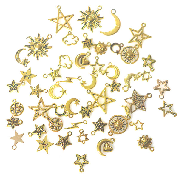 

PandaHall Alloy Pendants, Star and Moon, Antique Golden, 10~30mm, 50pcs/bag Alloy Mixed Shapes