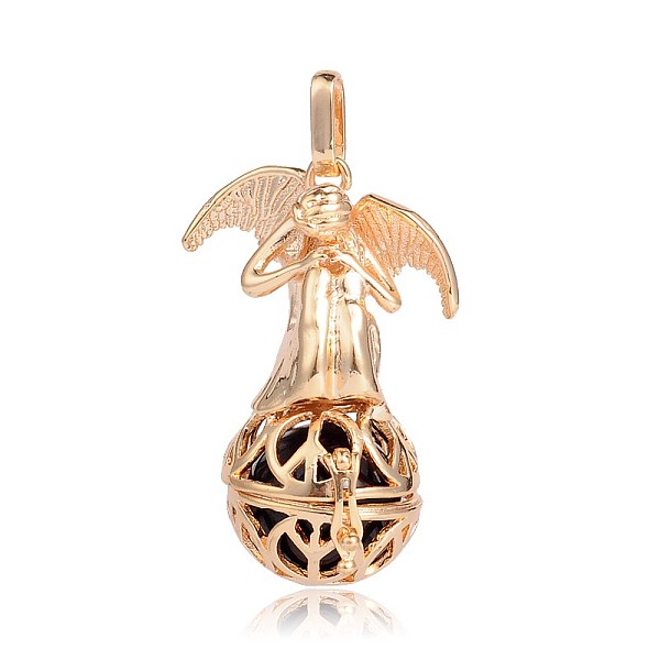 

PandaHall Golden Plated Brass Hollow Round Cage Pendants, with No Hole Spray Painted Brass Round Beads, Angel, Black, 44x29x20mm, Hole...