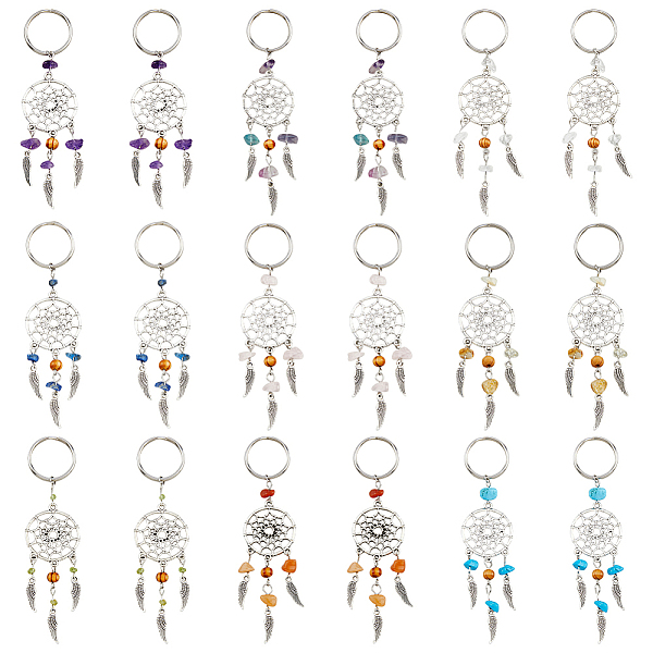 

PandaHall 18Pcs 9 Colors Woven Net/Web with Wing Tibetan Style Alloy Keychain, with Gemstone Chip & Wood Beads, 110mm, 2pcs/color Mixed...