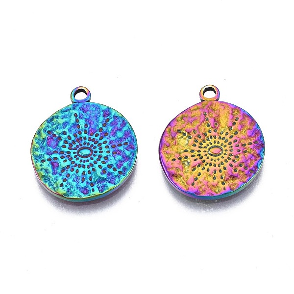

PandaHall Rack Plating Rainbow Color Alloy Pendants, Cadmium Free & Nickel Free & Lead Free, Flat Round with Sun, 18x15x1.5mm, Hole: 1.5mm...