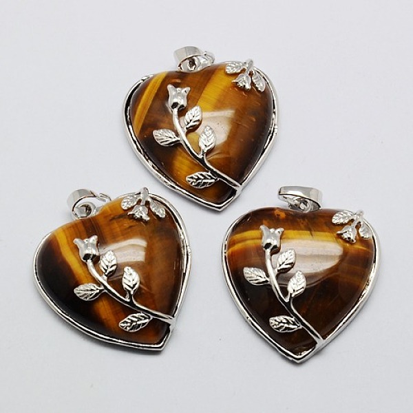 

PandaHall Heart Natural Tiger Eye Pendants, with Platinum Plated Brass Pendant Settings, 42~46x31~33mm, Hole: 6mm Tiger Eye Heart Brown